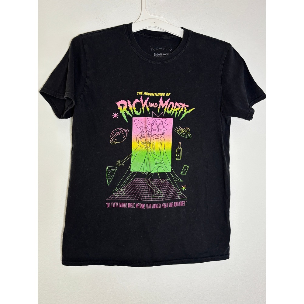 Rick and Morty Adult Swim Graphic T-Shirt Black Neon Rainbow Mens‎ Medium M